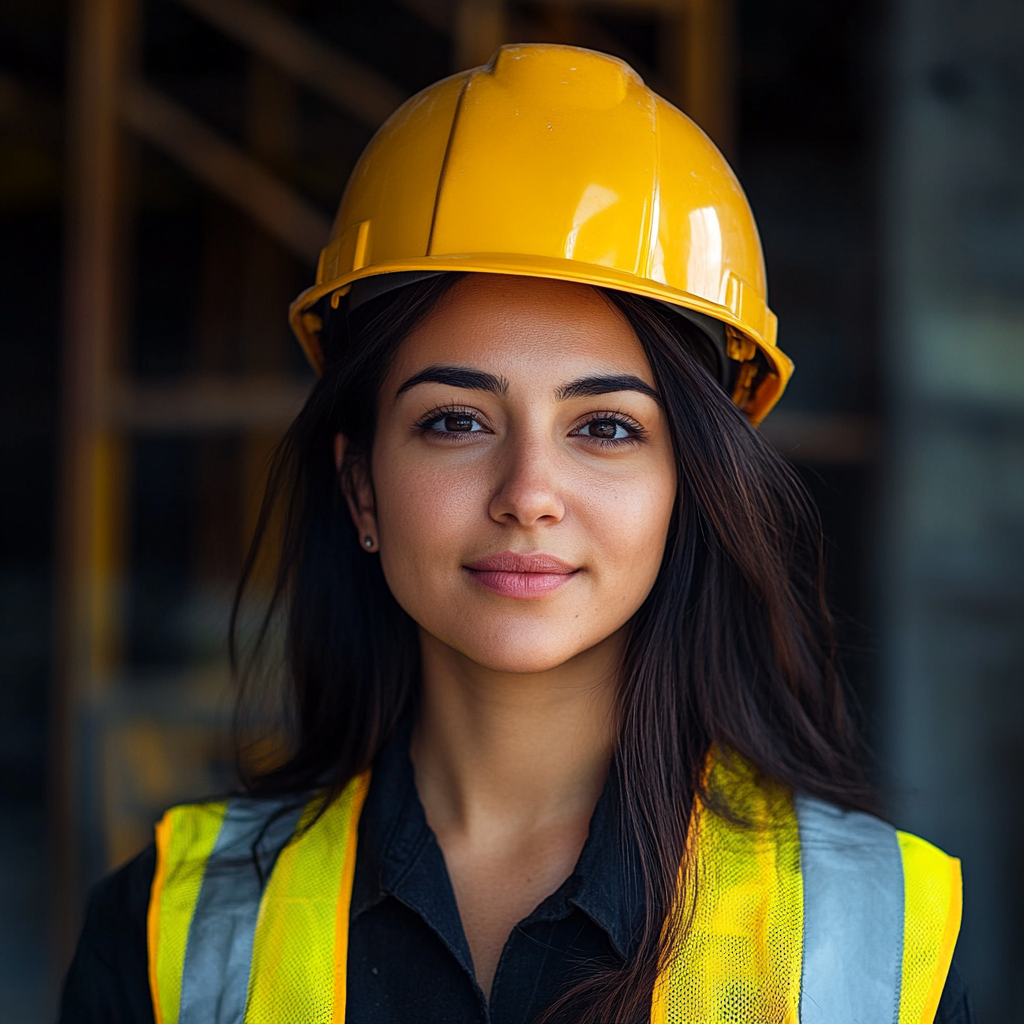 Young Polish executive woman in construction, realistic photo shoot.