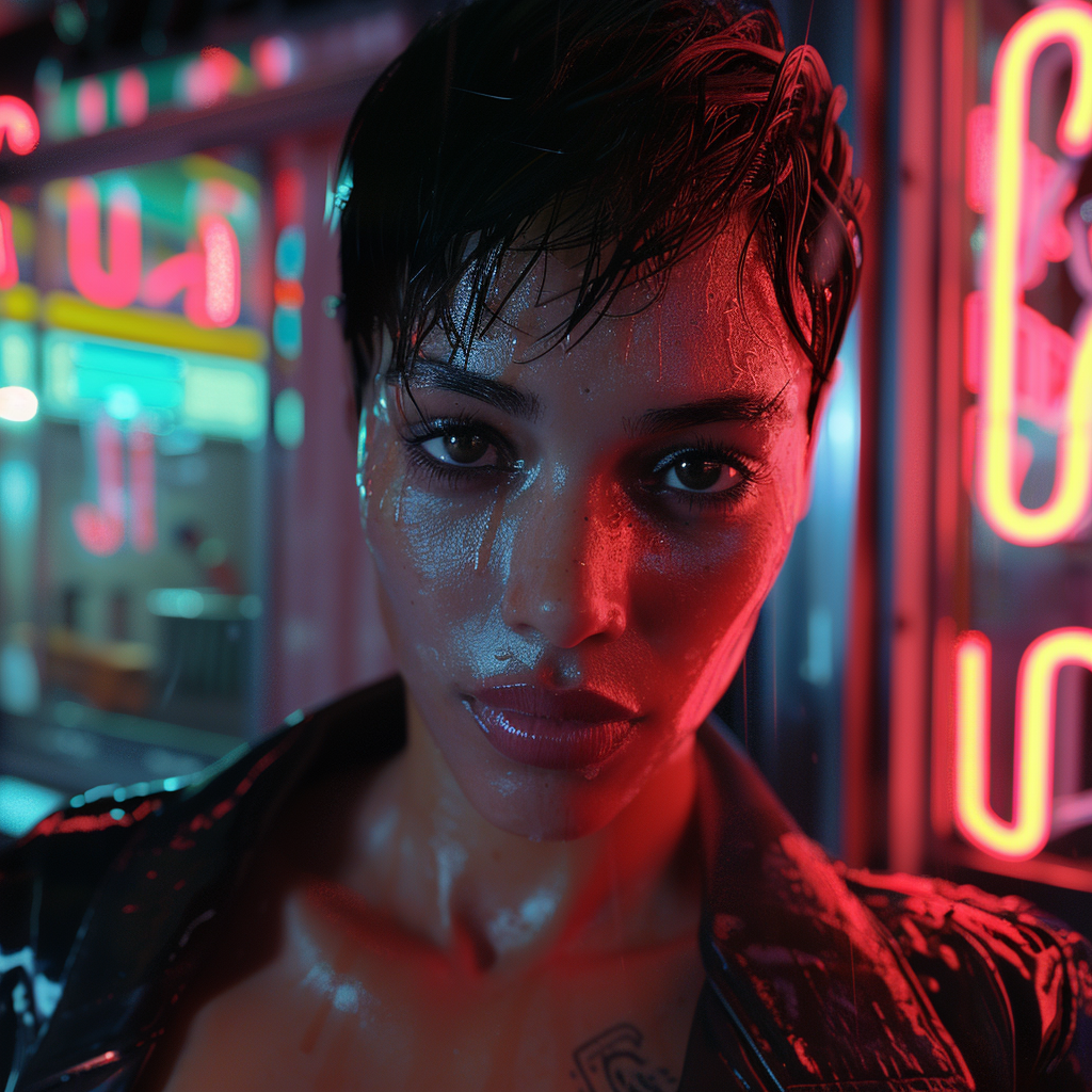 Young Rosario Dawson with short hair outside neon-lit bar.