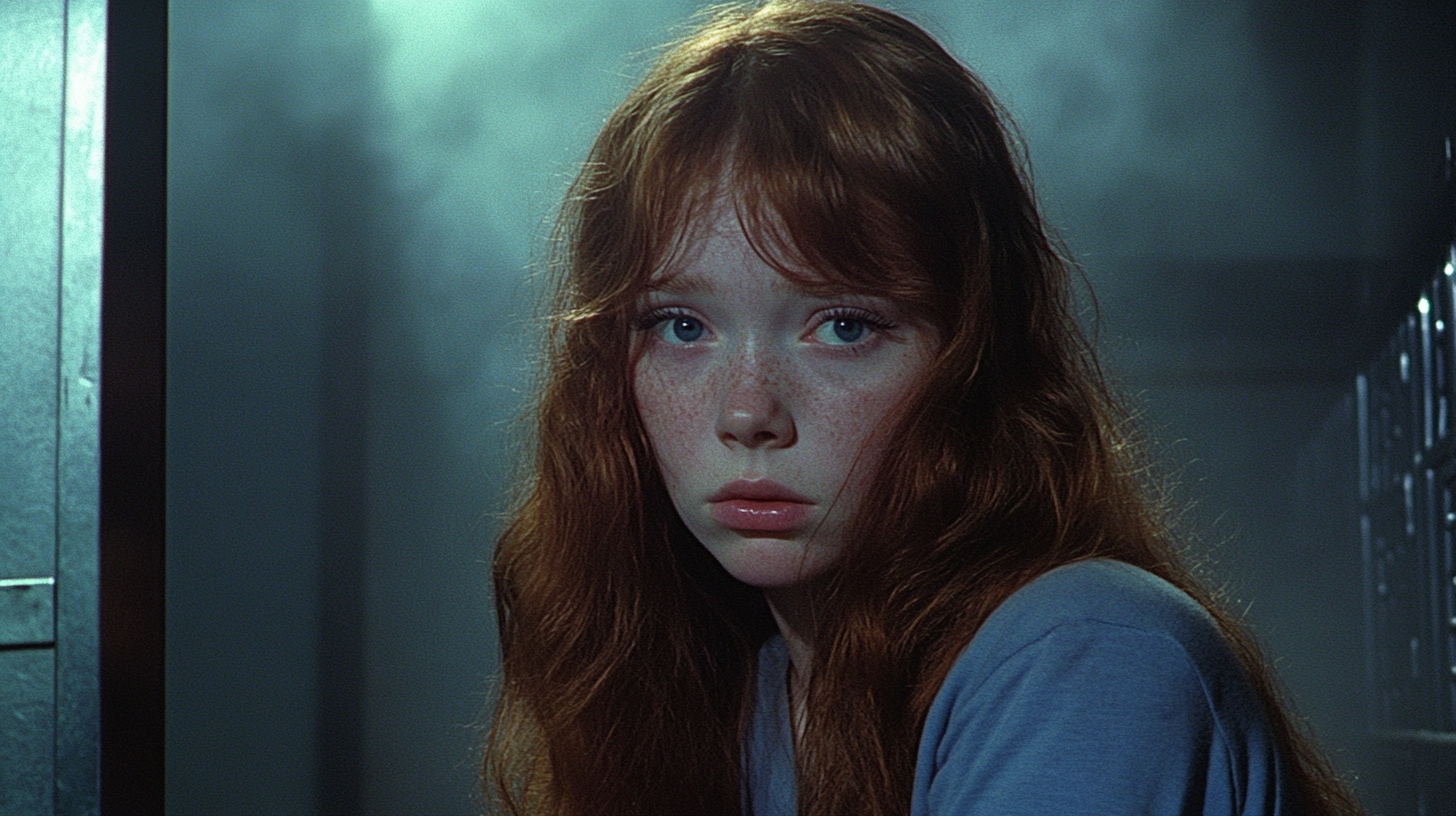 Young Sissy Spacek as CARRIE in foggy, haunting locker room.