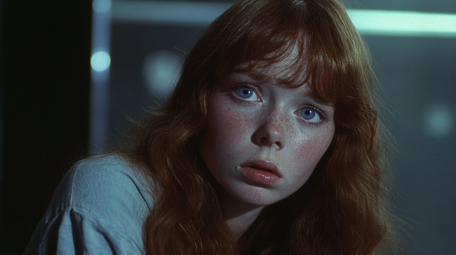 Young Sissy Spacek as Carrie in 1976, looking scared.