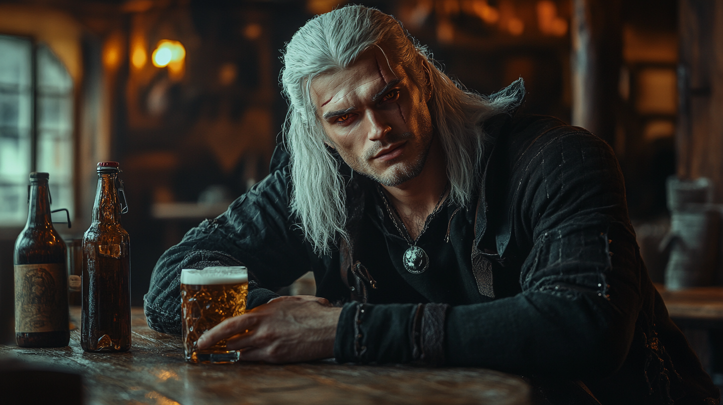 Young Witcher-like Man Enjoying Beer in Medieval Tavern