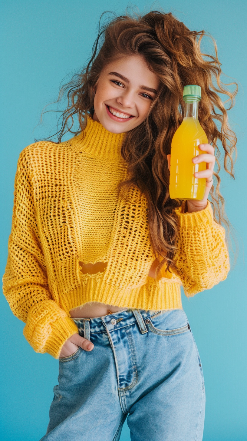 Young Woman Holding Juice on Blue Background