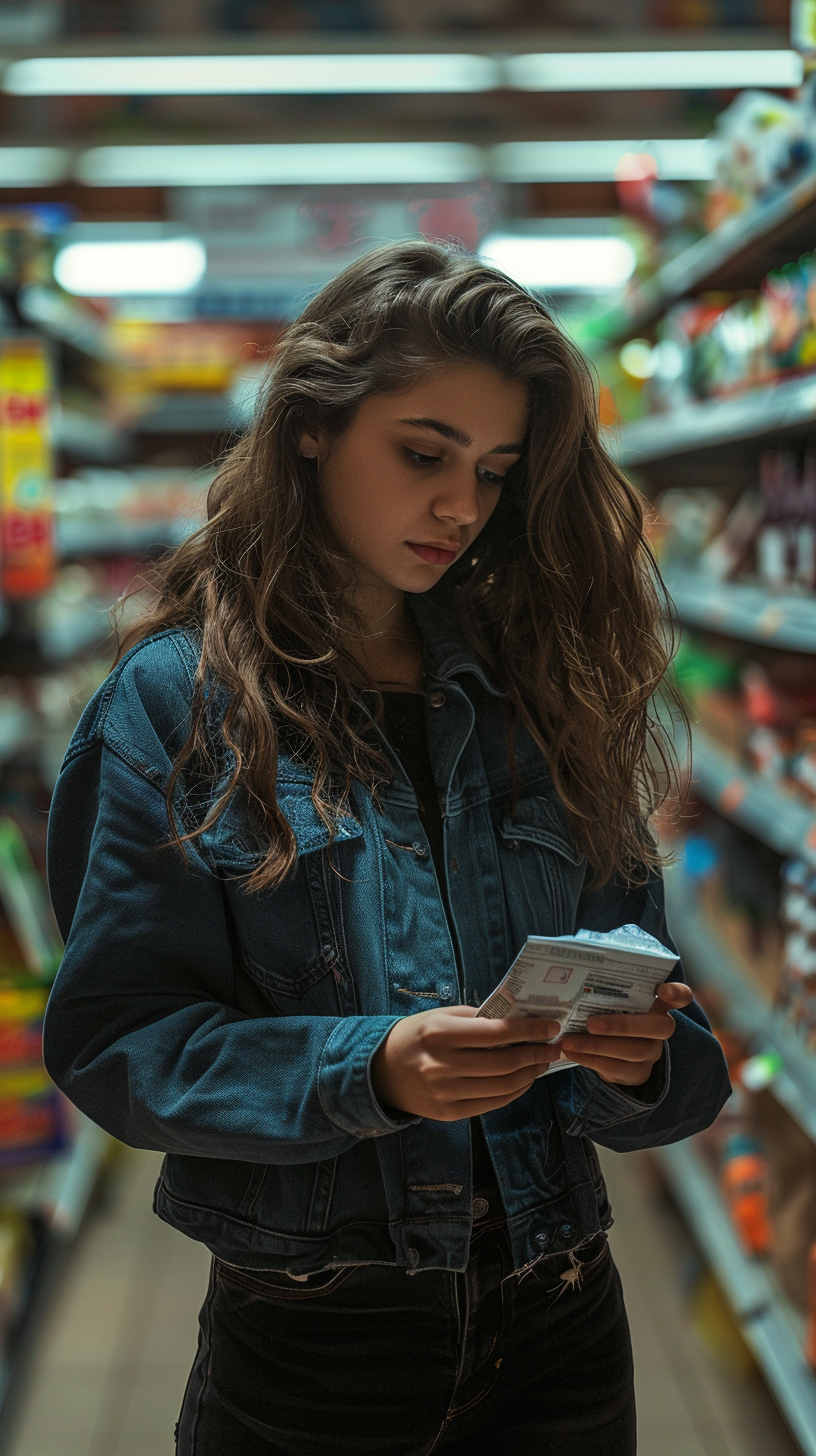 Young Woman Reading Product Label in Supermarket Aisle