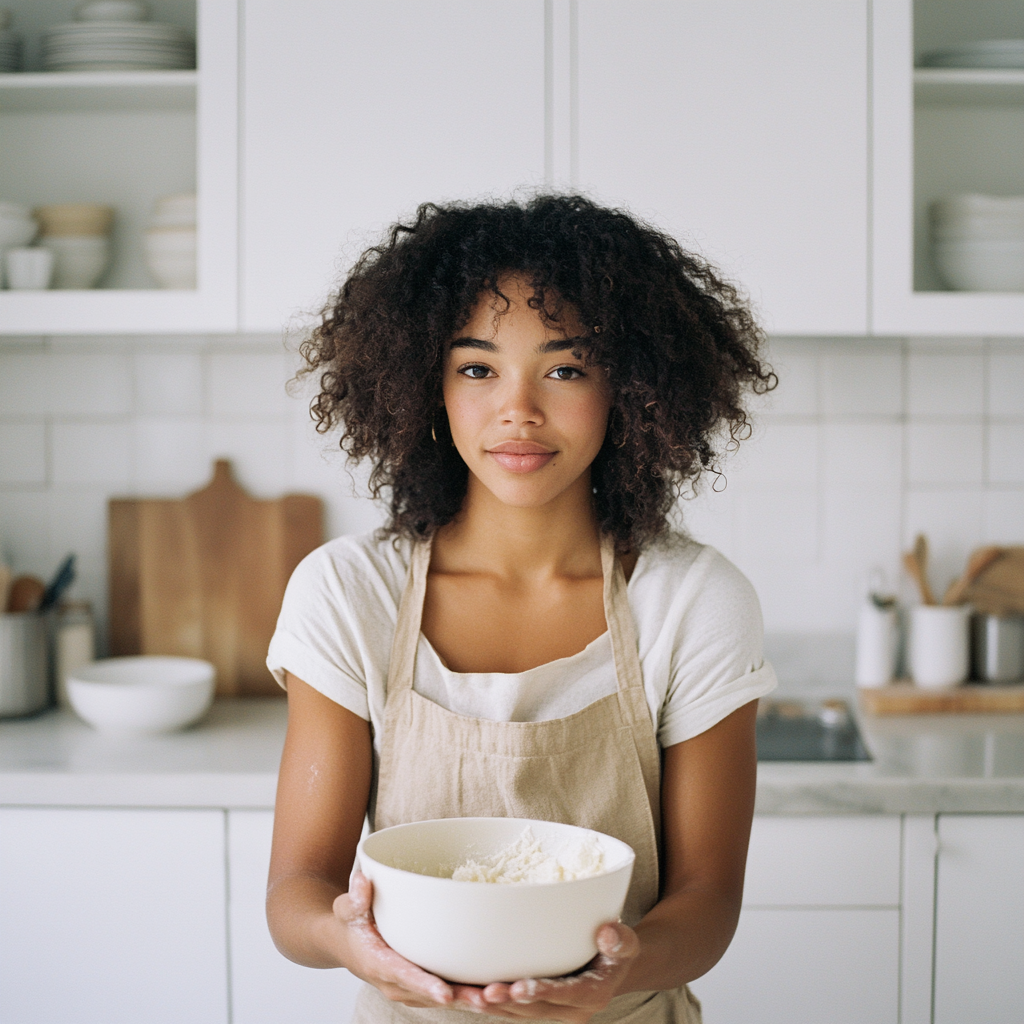 Young Woman in Modern Kitchen Baking Cake