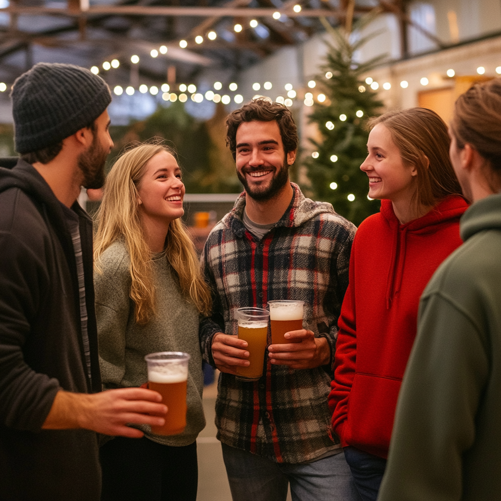 Young adults celebrate at holiday darty, indoor court.