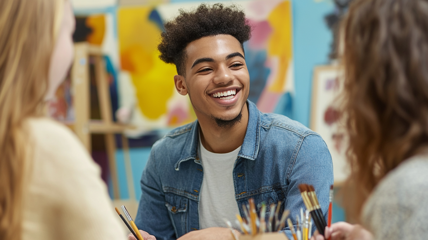 Young adults drawing and smiling in art room.