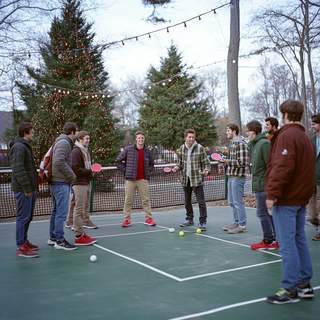 Young adults play pickleball at festive holiday party.