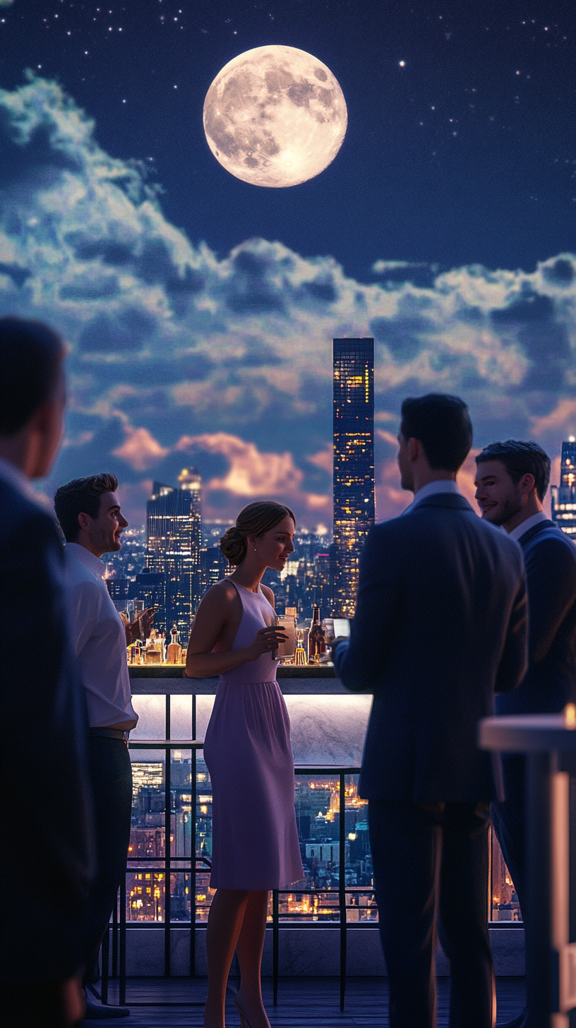 Young adults socializing on upscale rooftop terrace at night.