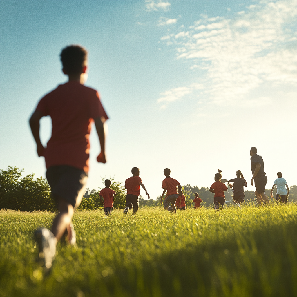 Young athletes train under clear sky with coaches support.