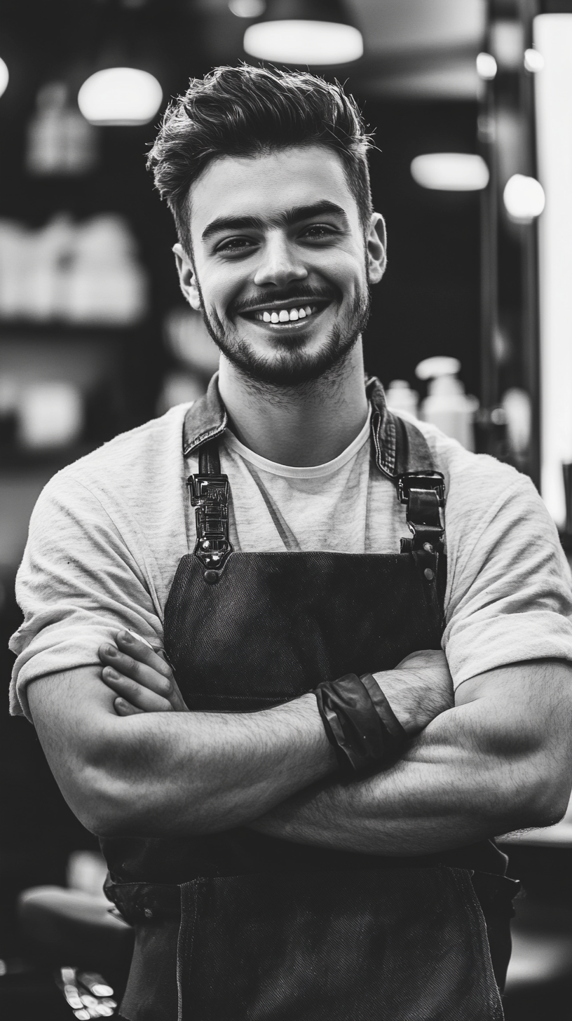 Young barber smiling holding clippers, man in chair.