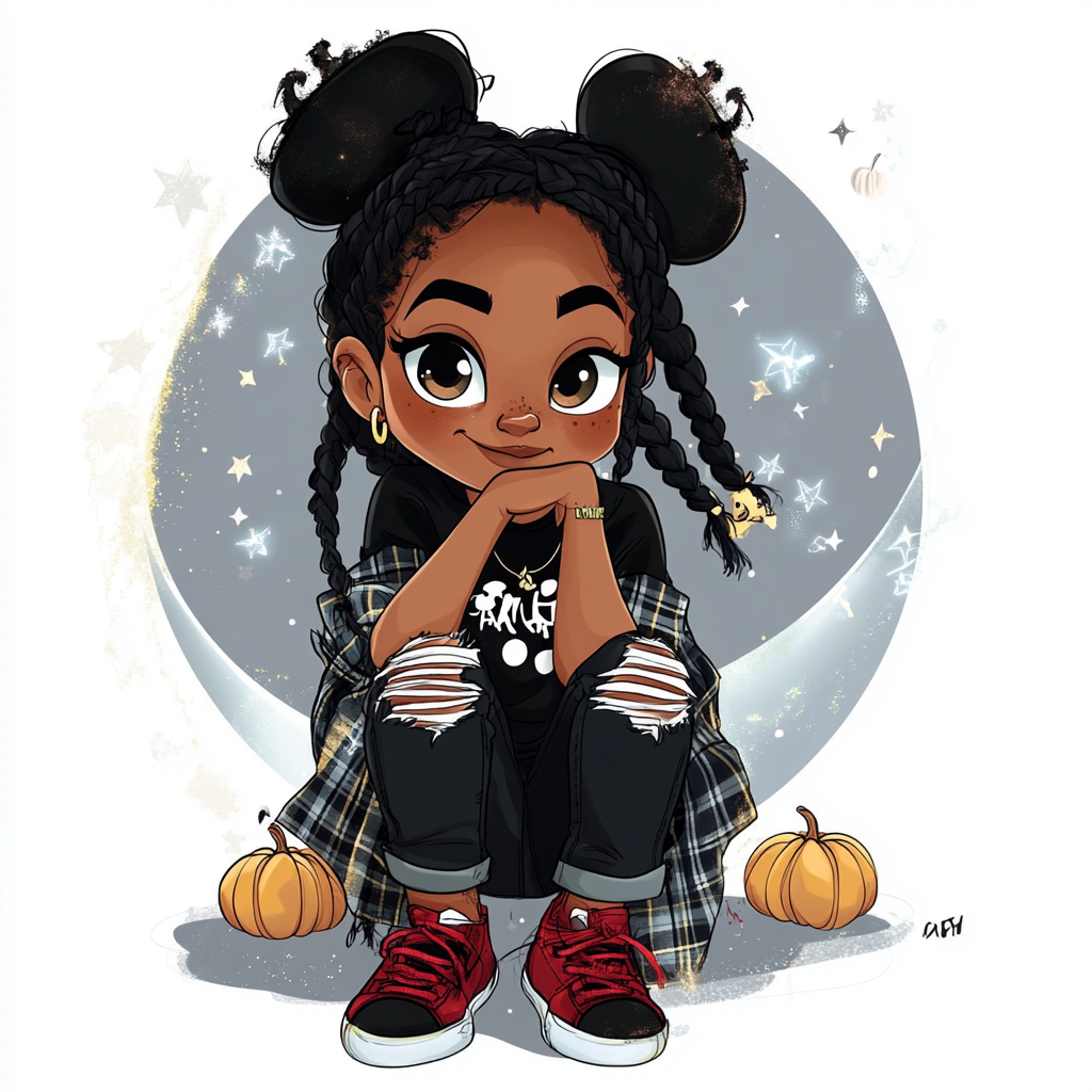 Young black girl in Halloween-themed outfit - AI Image.