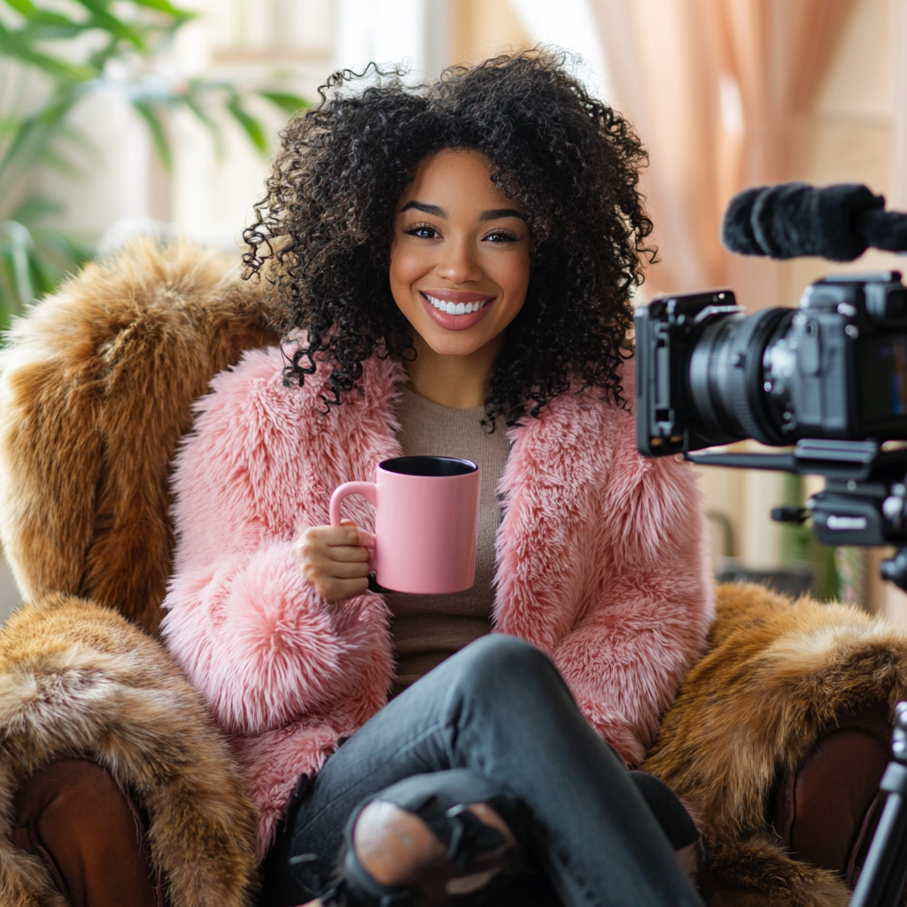 Young black woman in fur chair with coffee mug.