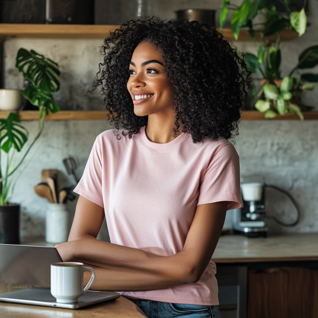 Young black woman with laptop and coffee mug smiling.