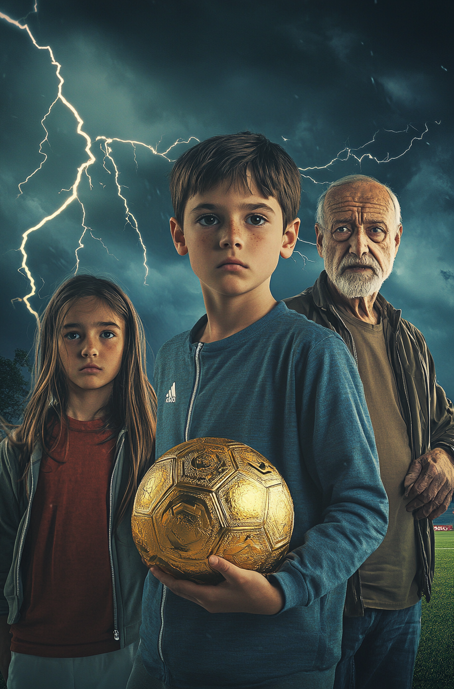 Young boy, girl, old man on soccer field. Epic lighting.