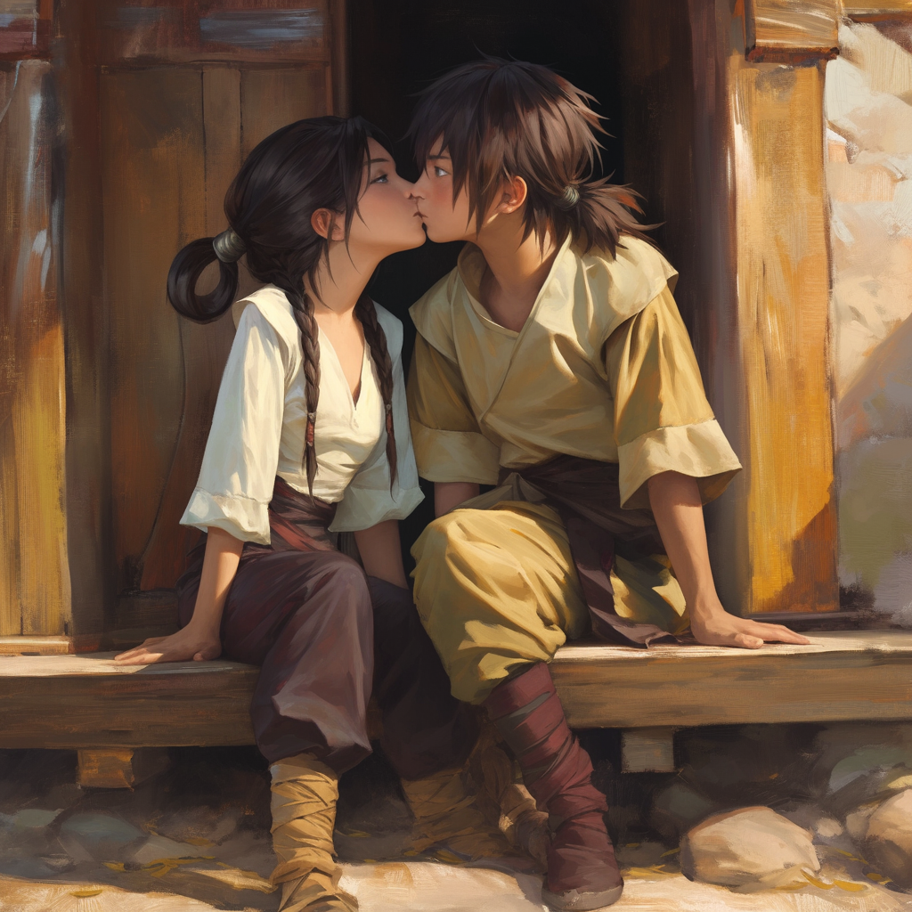 Young boy and girl kissing on porch in painting.