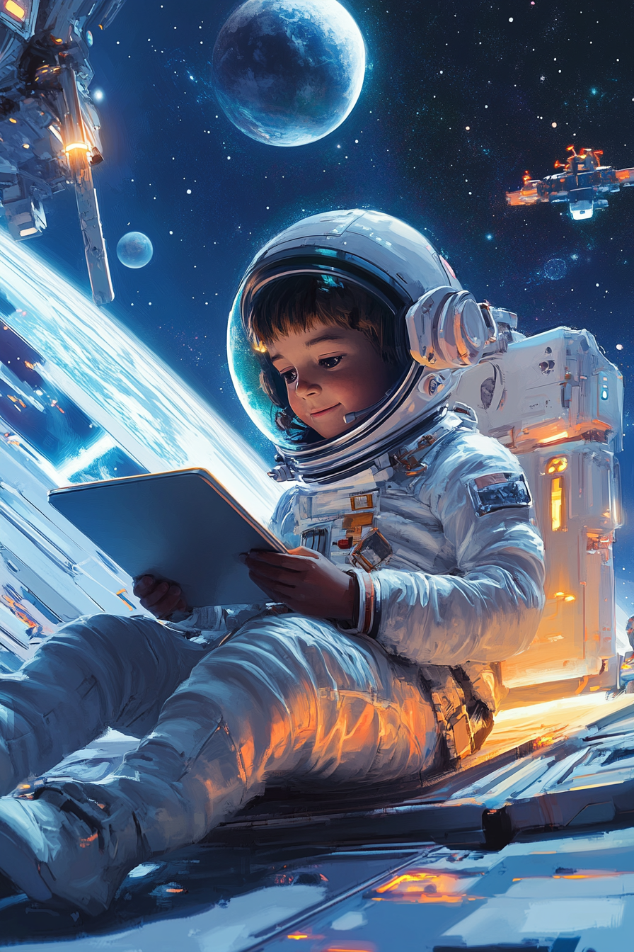 Young boy astronaut reading tablet in space station Pixar style