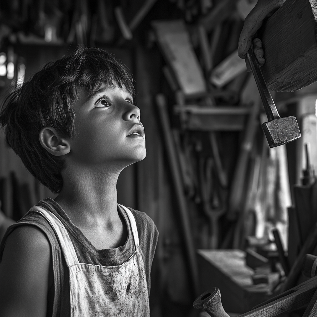 Young boy looks up at mentor receiving hammer. Workshop tools.