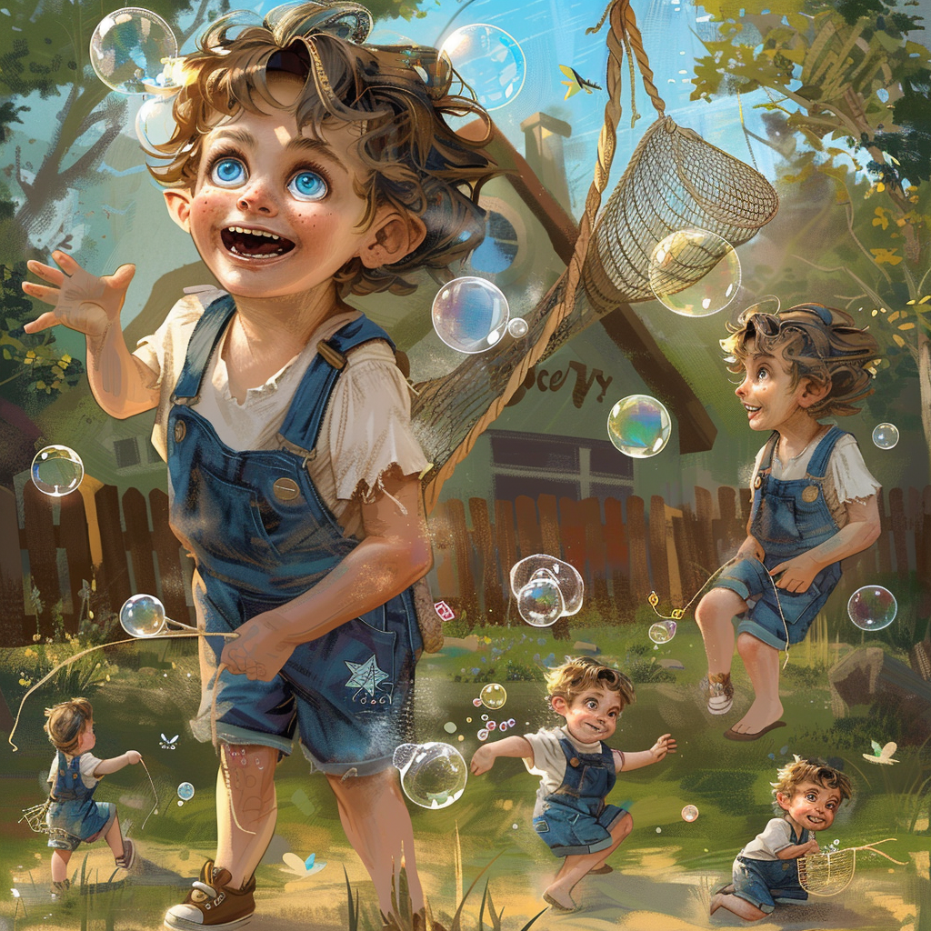 Young boy with blue eyes hunts soap bubbles.