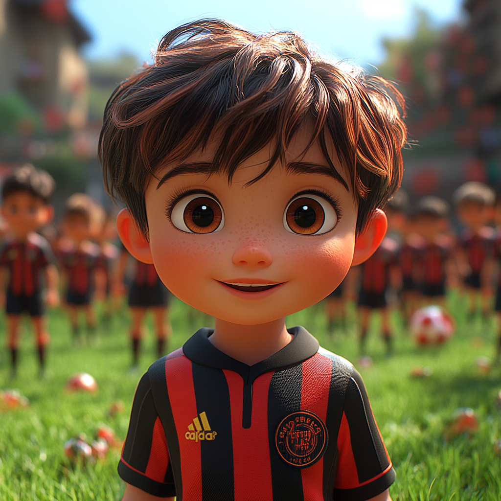 Young boys in red and black jerseys pose with training products on grass.