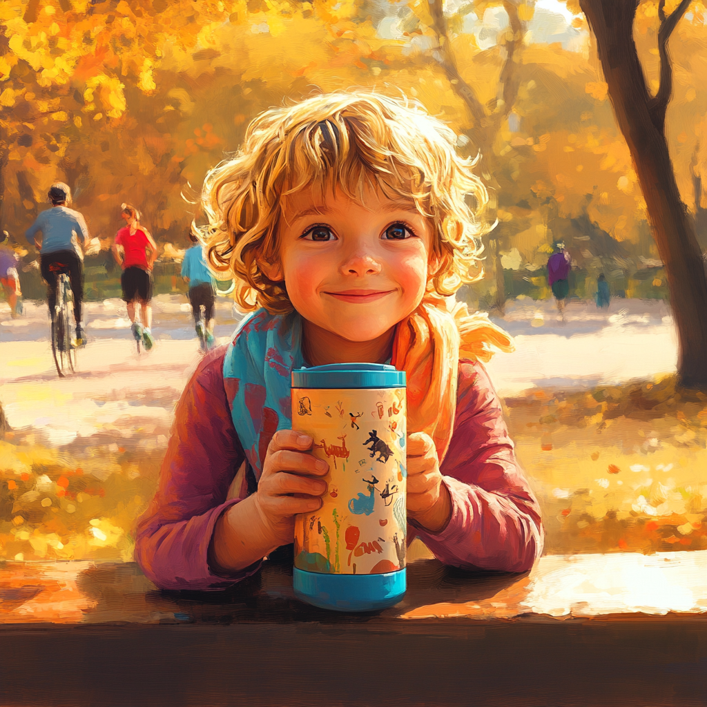 Young child with colorful thermos in sunny park.