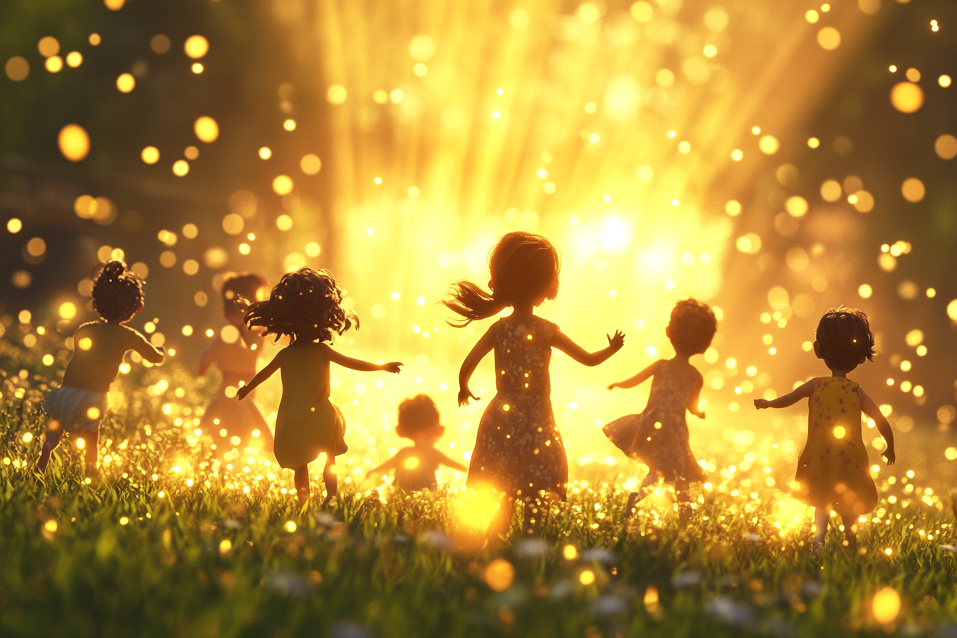 Young children of various backgrounds play outdoors in glowing light.