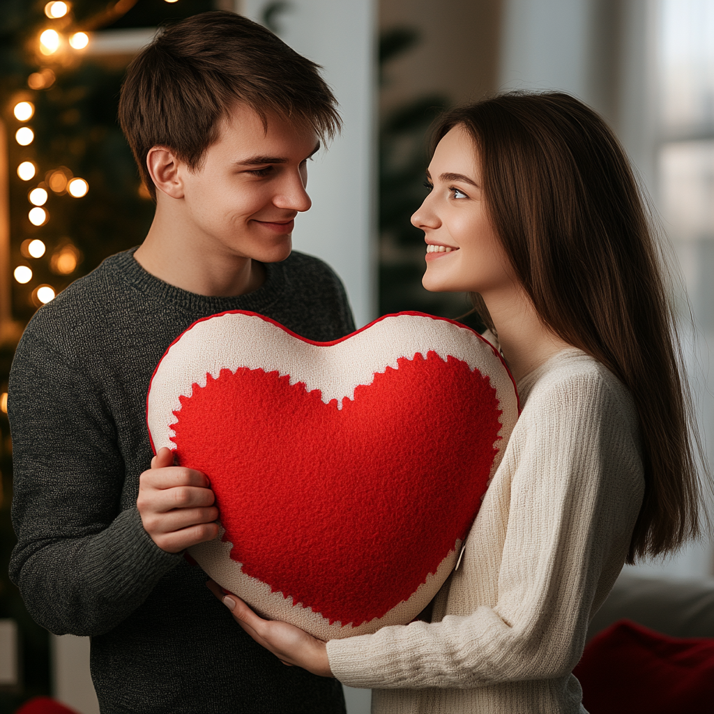 Young couple celebrates Valentine's Day with heart pillow gift.