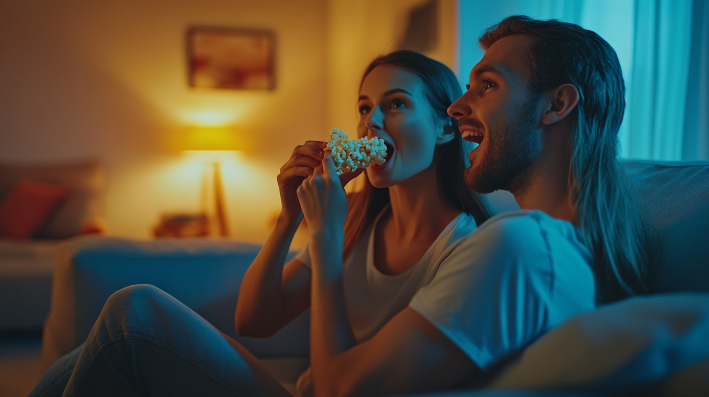 Young couple eating popcorn on new sofa, cinematic close-up.