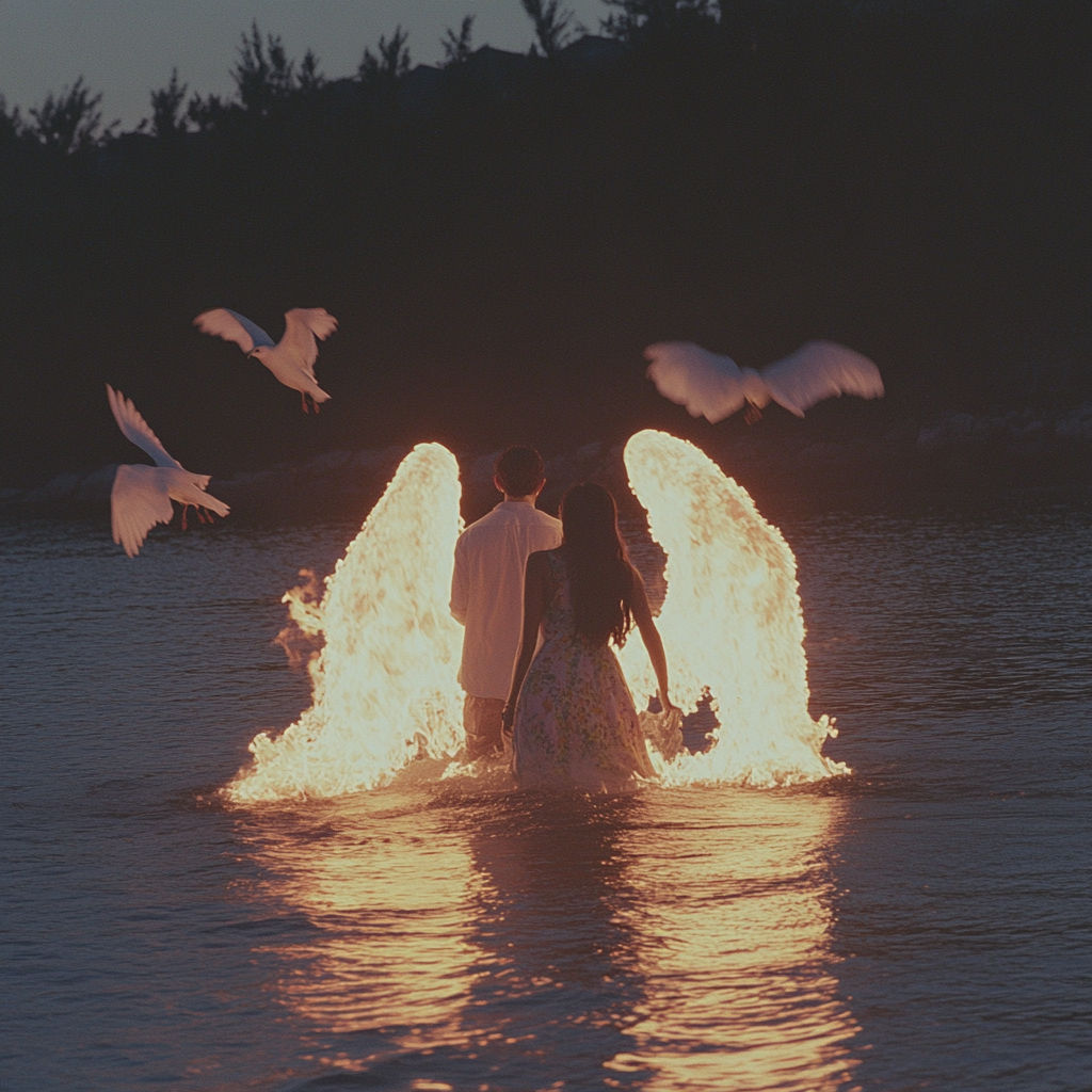 Young couple in burning sea surrounded by birds.