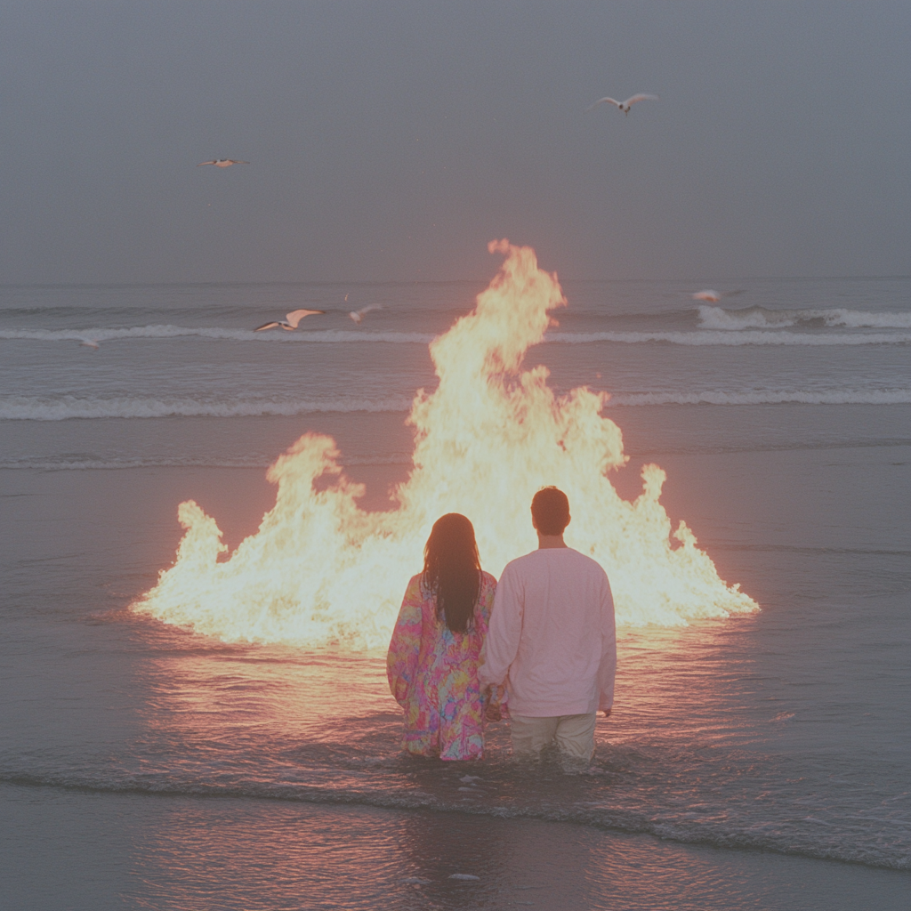 Young couple in colorful clothes walking into flames.