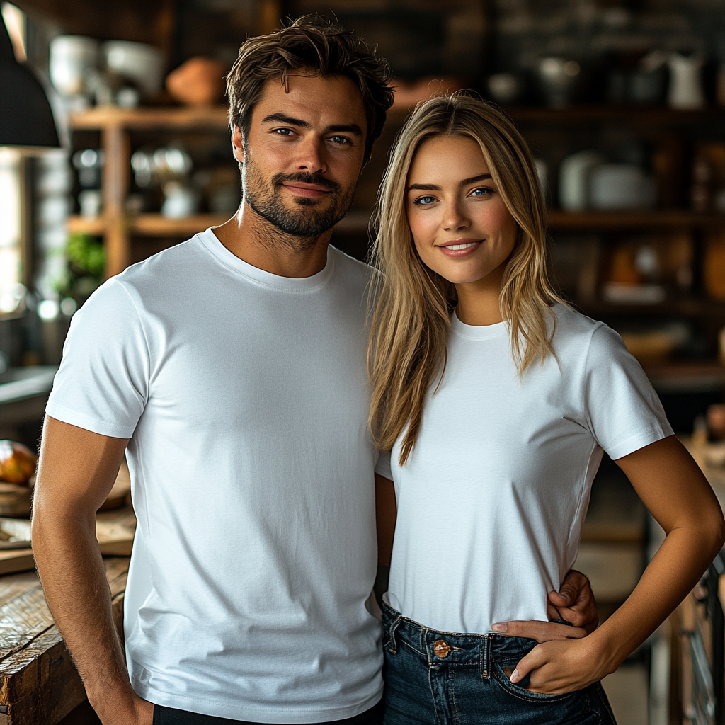 Young couple in kitchen for Thanksgiving photo shoot.