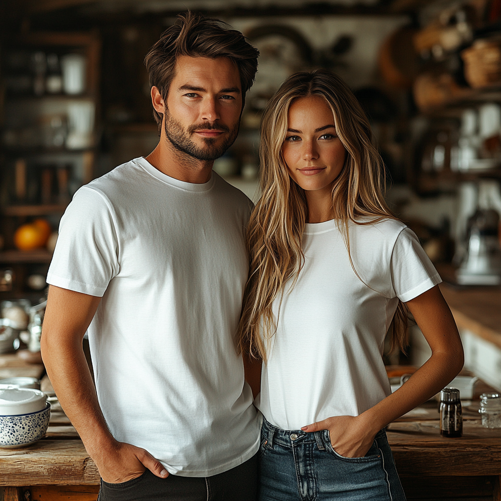 Young couple in kitchen for mockup photo shoot.