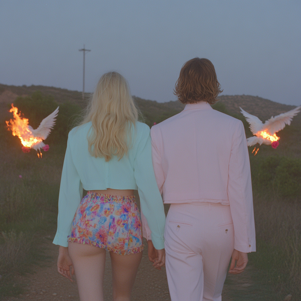 Young couple in love walking towards flaming sunset.