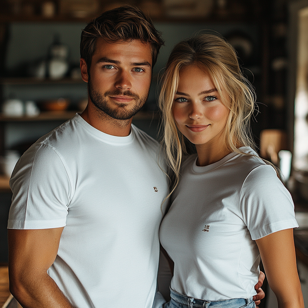 Young couple in modern kitchen posing happily.