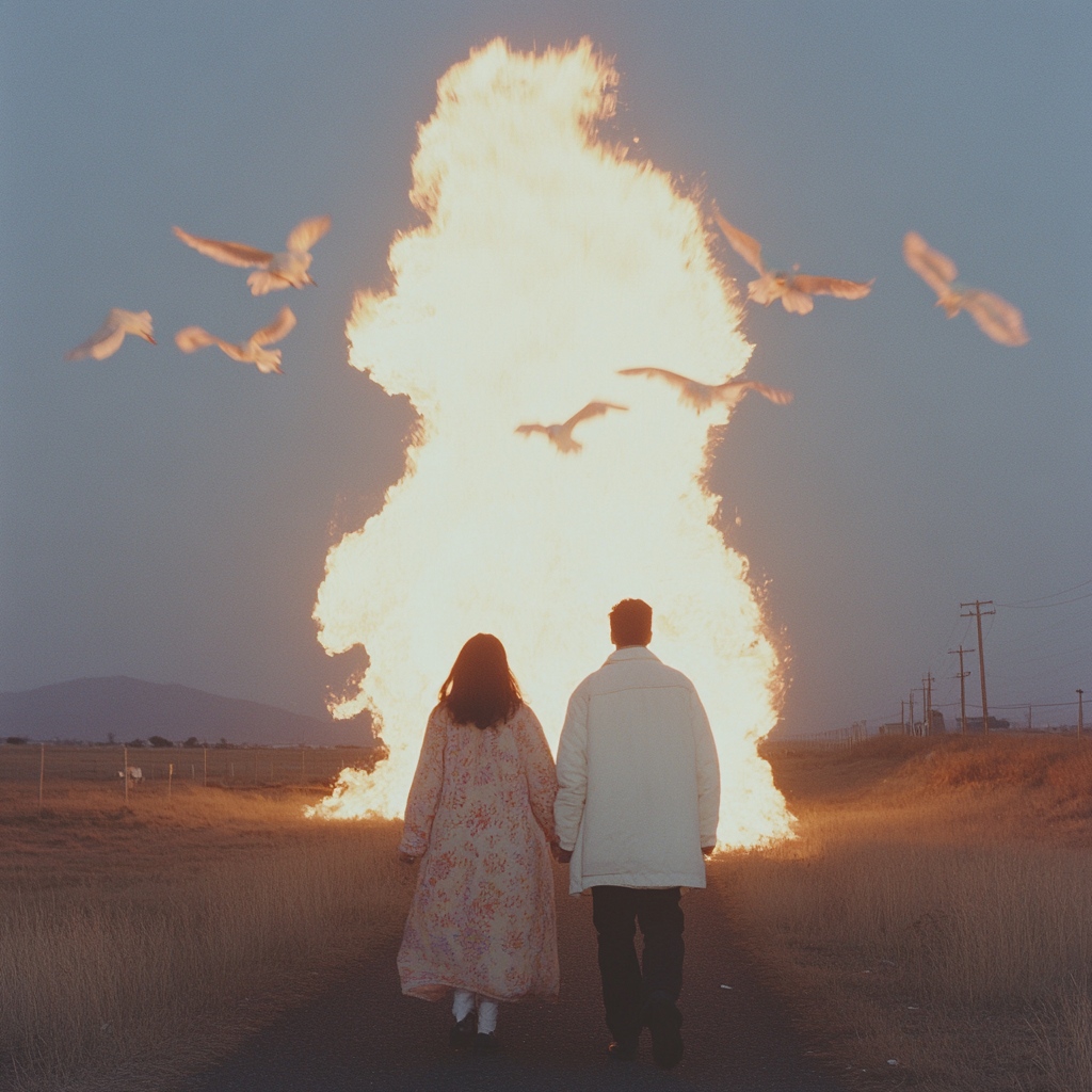 Young couple walk into fireball with birds, burning wings.