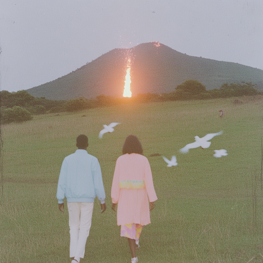 Young couple walking into flames with white birds.