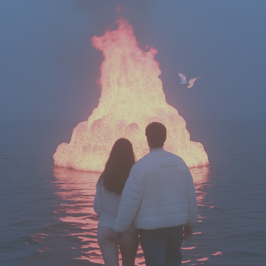 Young couple walking to huge fire on sea.