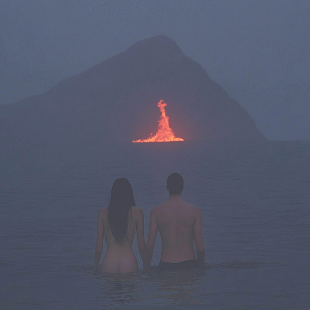 Young couple walking towards massive fire in sea.