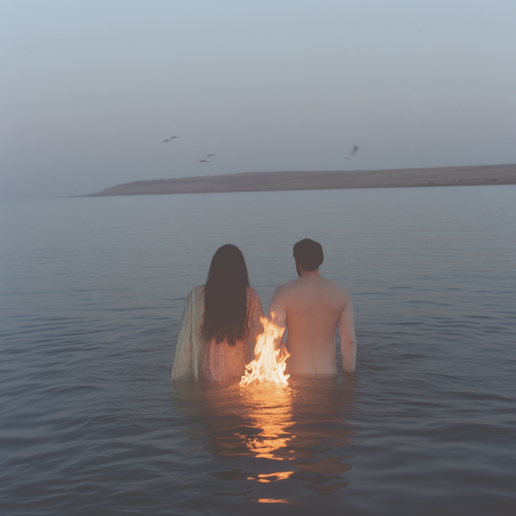 Young couple walks into burning sea, surrounded by birds.