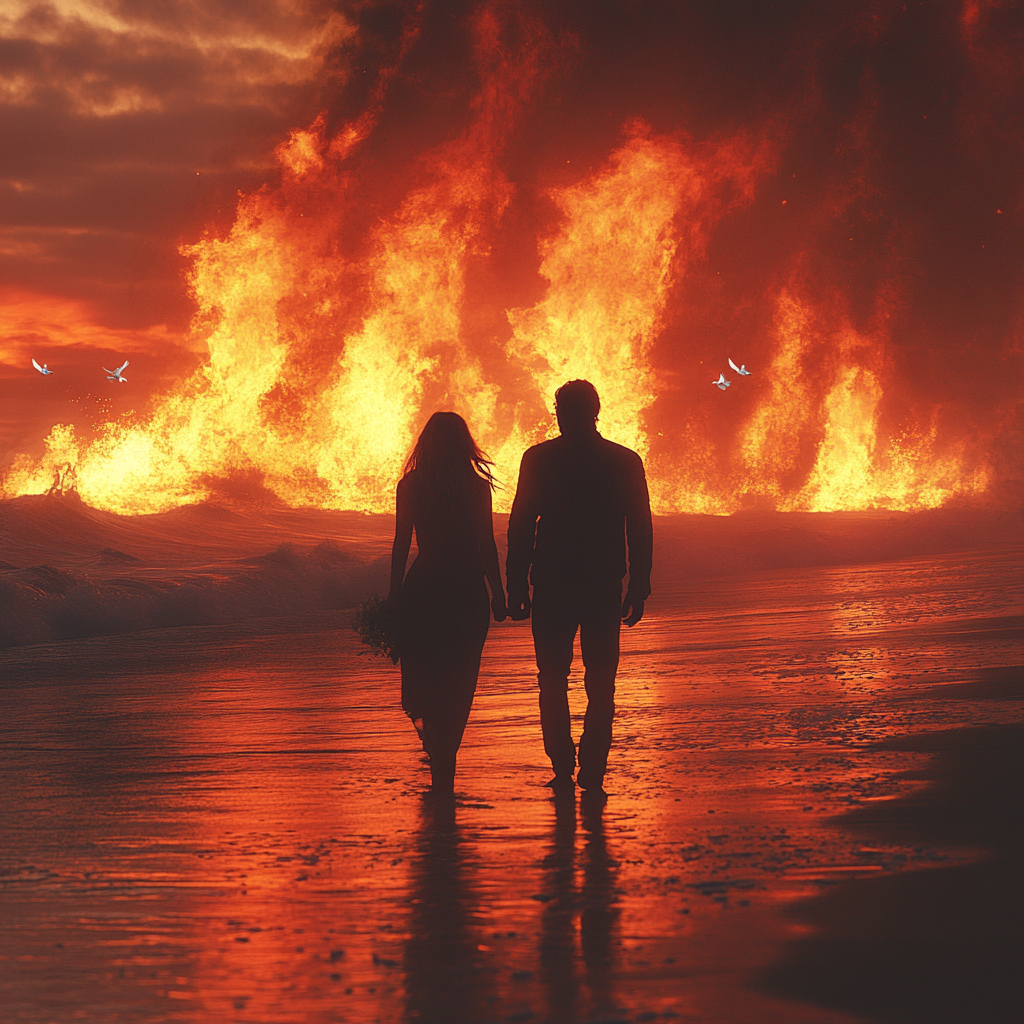 Young couple walks towards huge fire in sea.