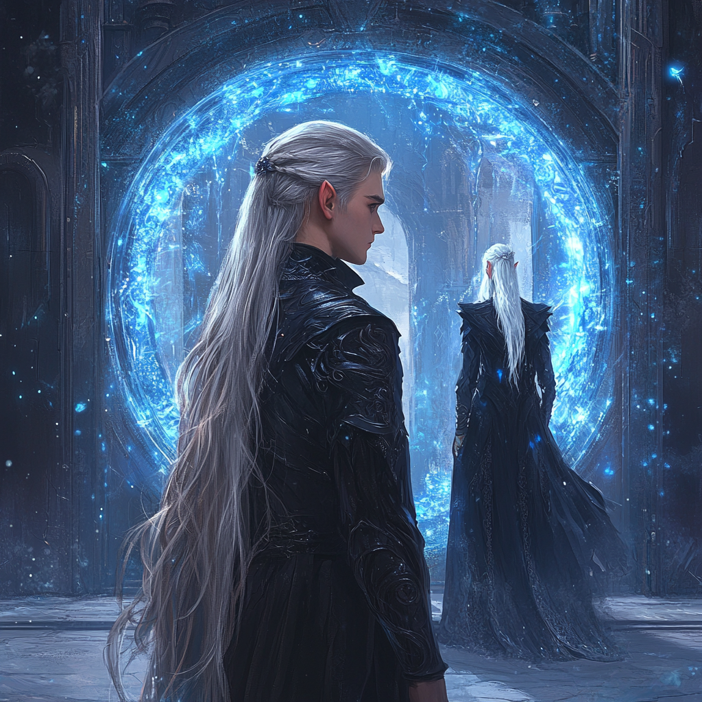 Young elf wizard with grey hair faces queen and portal.