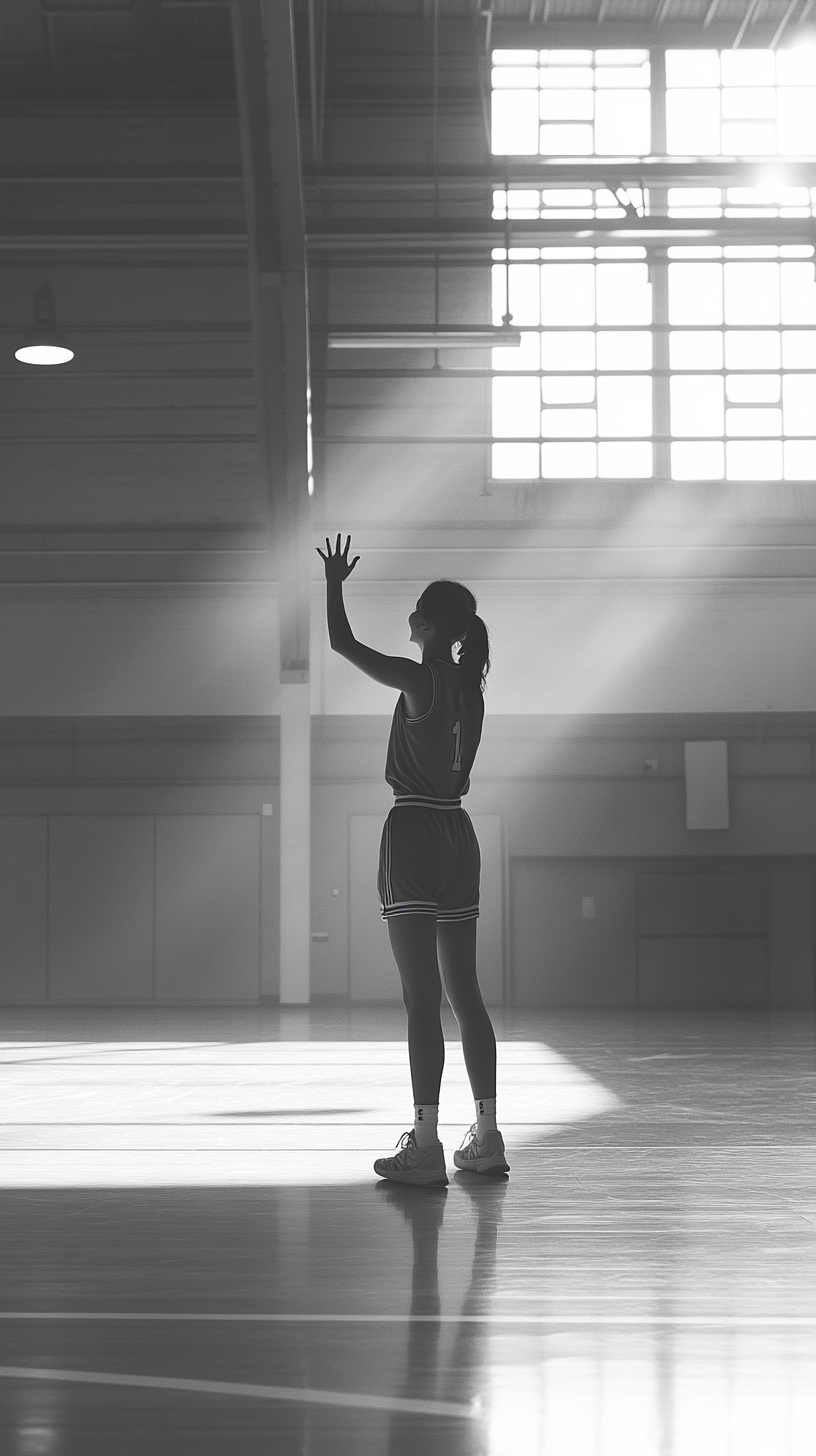 Young female basketball player waving, smiling on court.