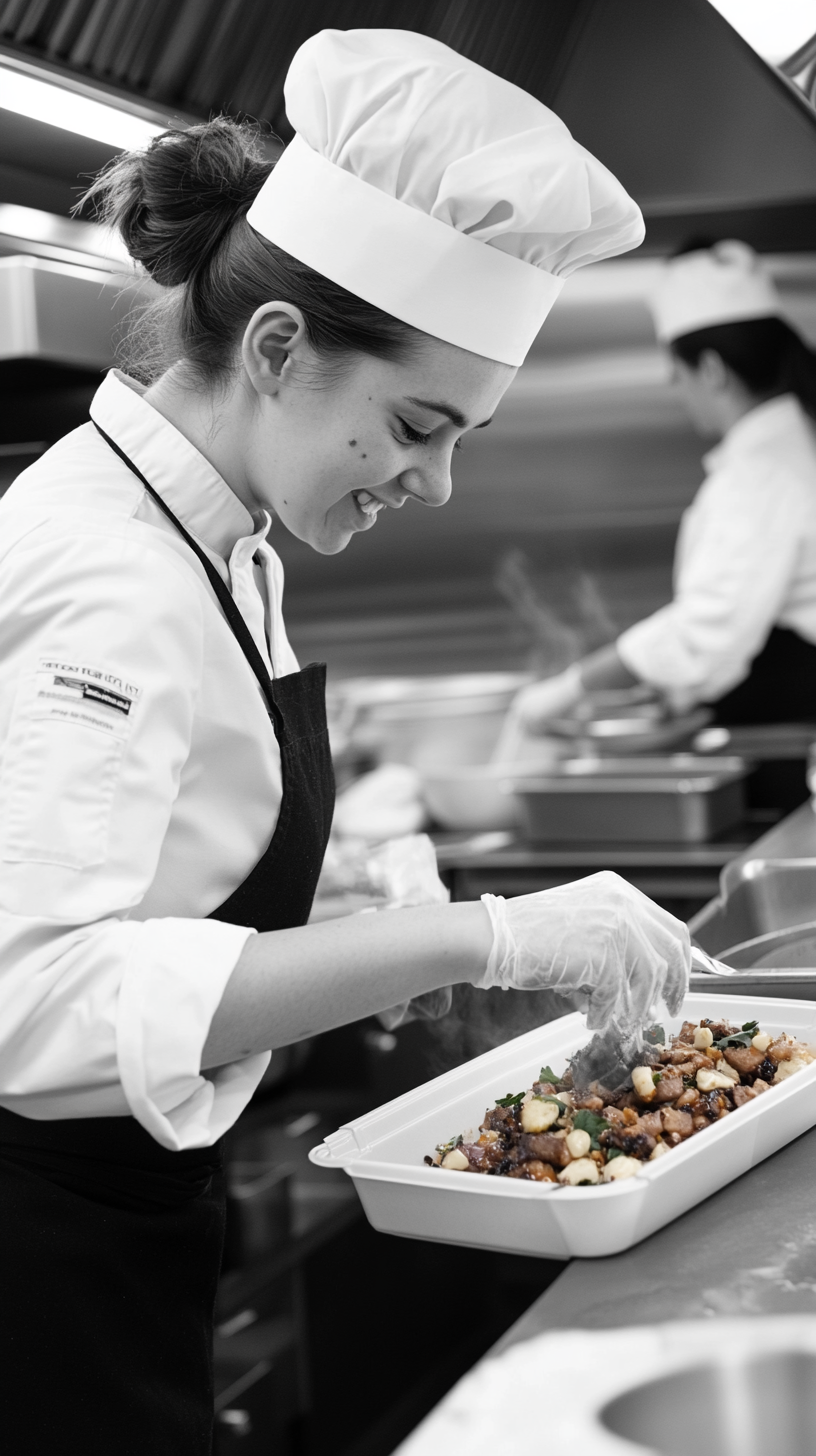 Young female chef plates meal in commercial kitchen, smiling.