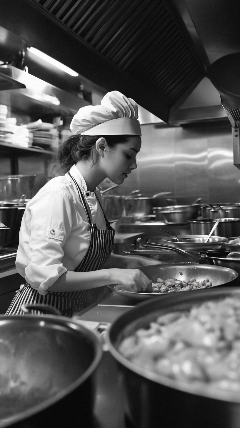 Young female chef smiles, cooks chicken curry. Black/White.