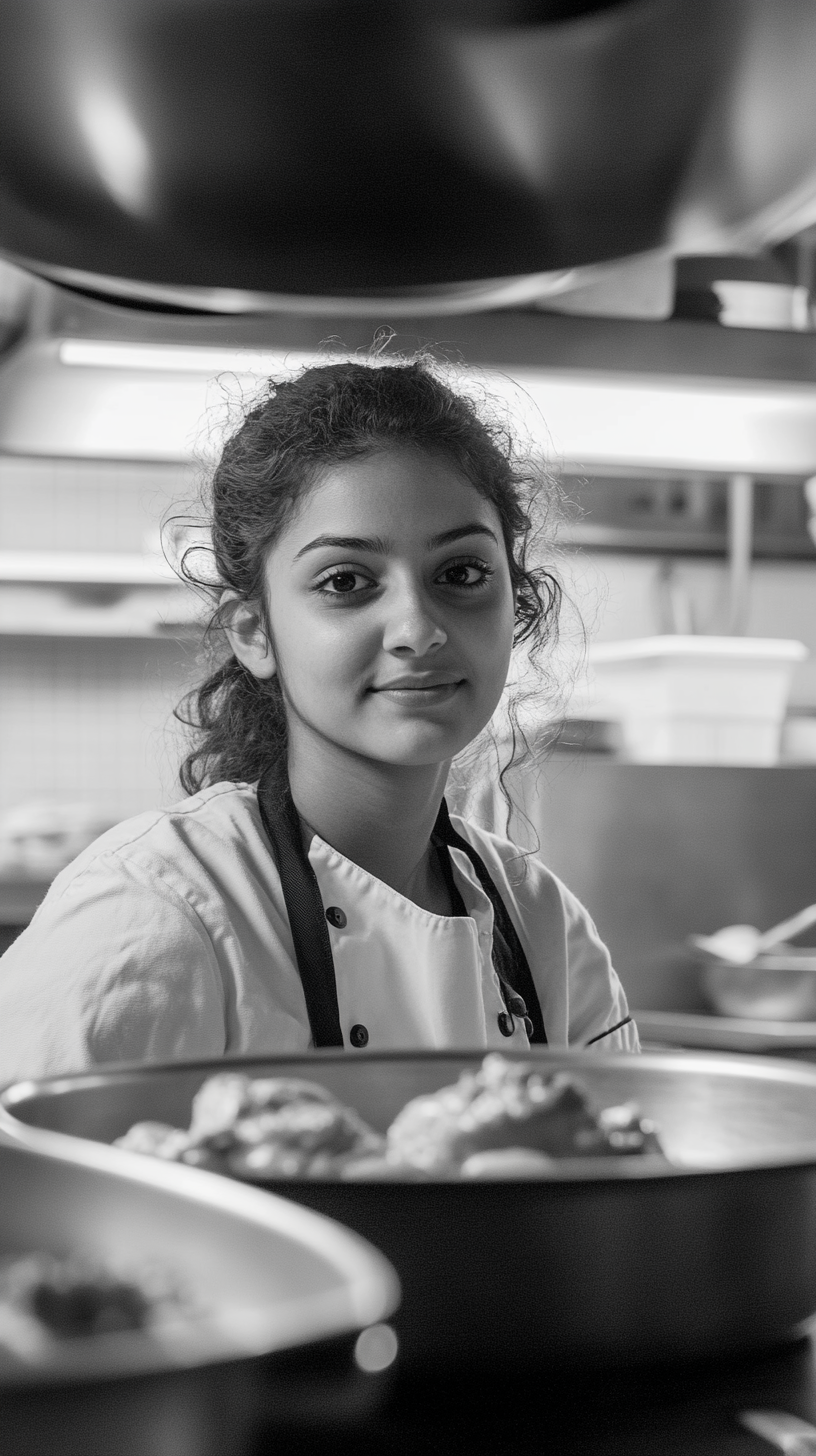 Young female chef smiles, with chicken curry in kitchen.