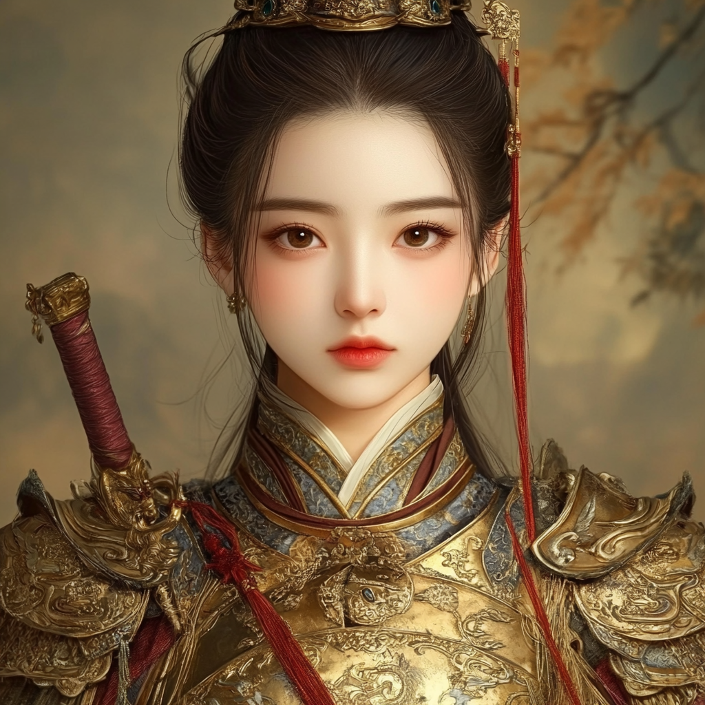 Young female general in gold Armor with Hongying gun.