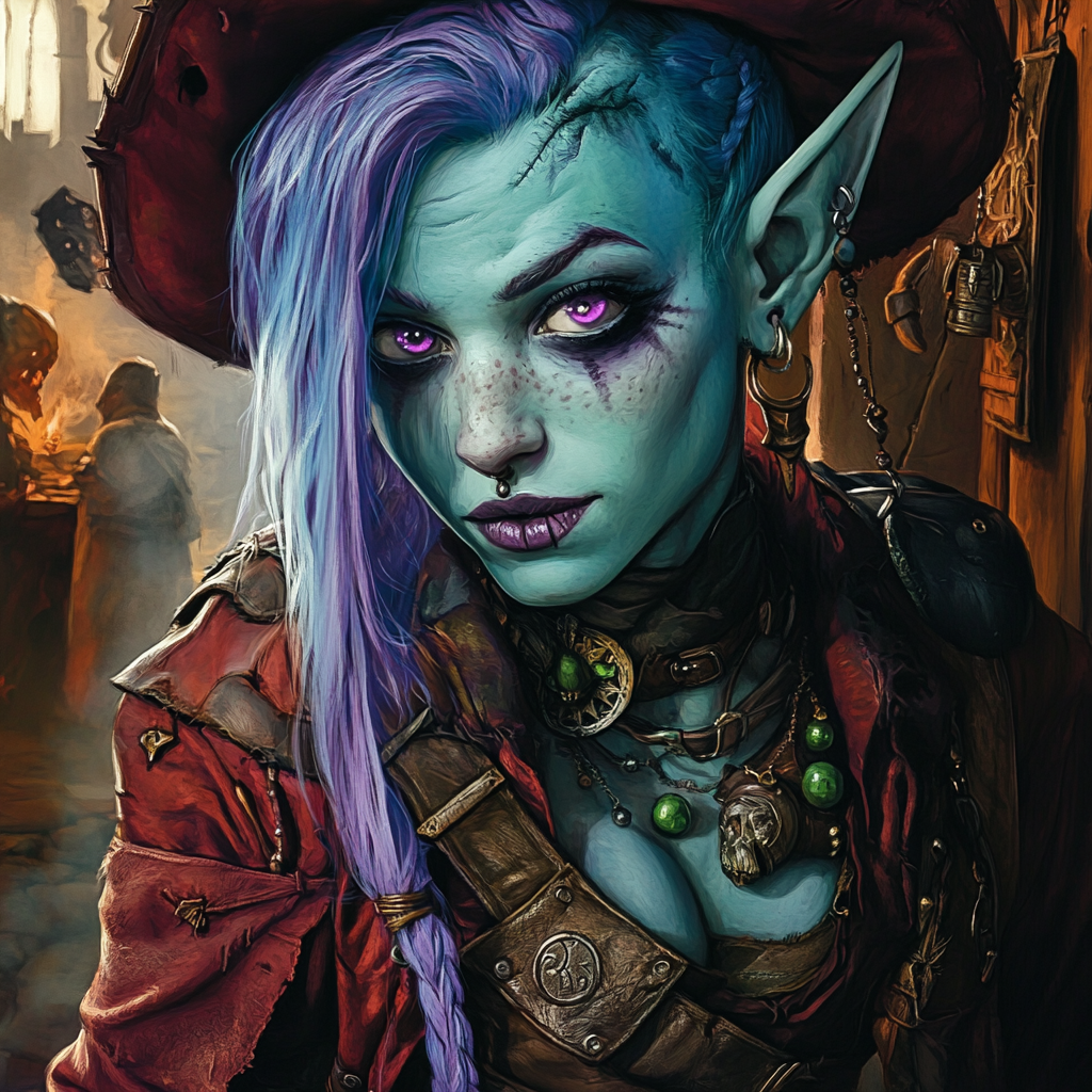 Young female orc gazes at camera in madness.