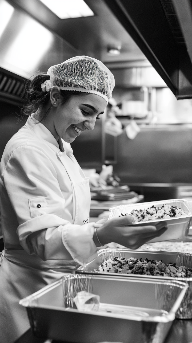 Young female student chef in commercial kitchen smiling.