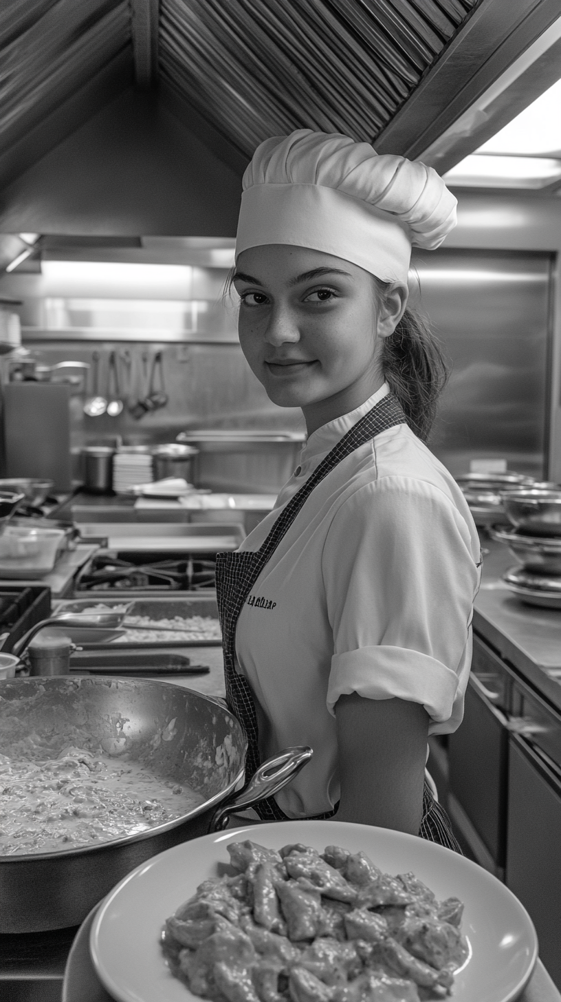 Young female student chef smiling with chicken curry.