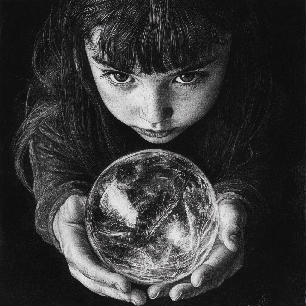 Young fortune teller girl gazes into crystal ball.