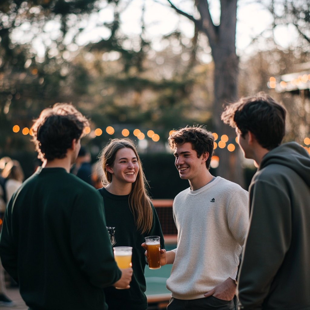 Young friends in Vineyard Vines style, enjoying reunion.